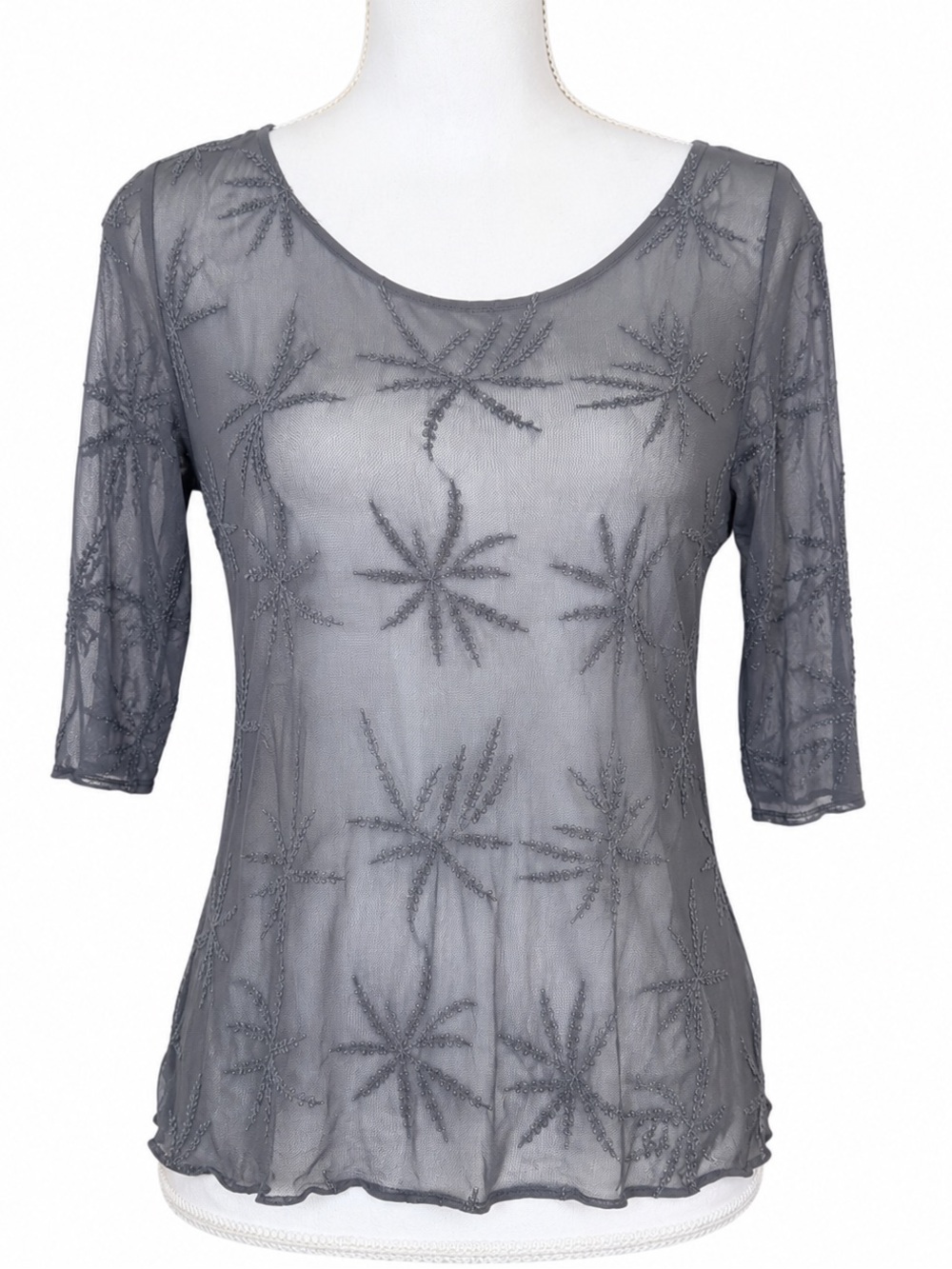 Vintage Beth Schaeffer semi-transparent embroidered black top. Large